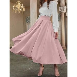🌟High Waist Pleated Detail Flare midi Skirt business casual light pink